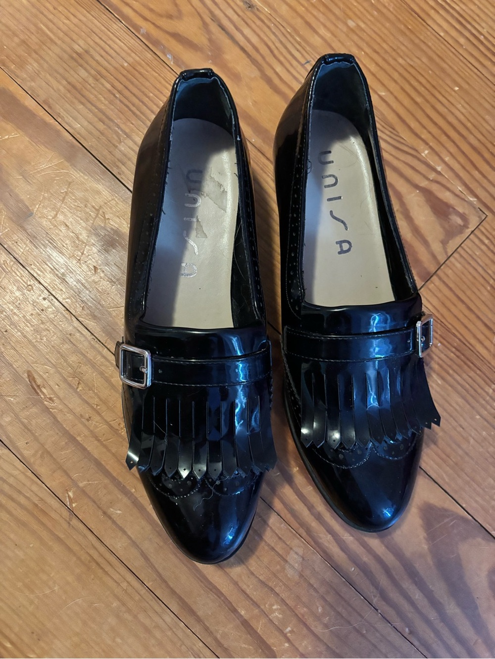 Unisa Black Patent Fringe Loafers with Buckle